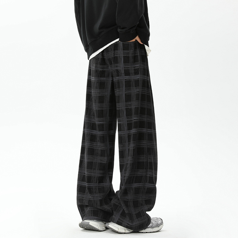 -style American Plaid Casual Pants For Men, Autumn Trendy Corduroy Loose-fit Plus-size Straight Wide-leg Trousers_voghion.com