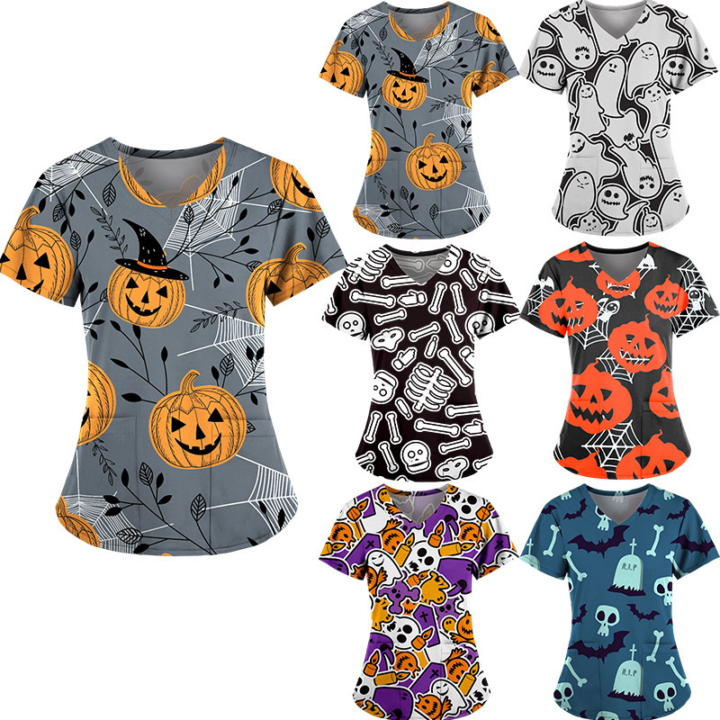 Halloween cartoon V-neck short-sleeved nurse nursing clothes top T-shirt