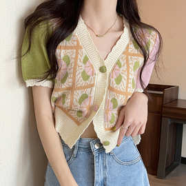 2022夏季新款韩版绵羊绒设计感小众别致V领开衫针织衫女短袖毛衣