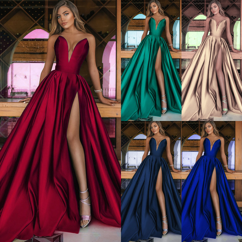 2025 Cross-Border Spring and Summer New European and American Cross-Border Women's Clothing Sexy Deep V Slit Dress Pure Color Large Swing Dress Wedding Dress