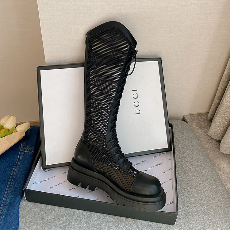 Boot lưới da thật cổ cao đế dày thoáng khí mùa xuân hè phong cách kỵ sĩ buộc dây — Màu nâu ống lớn, Màu đen cổ ống lớn, Ống nhỏ màu đen, Ống nhỏ màu be chi tiết 99