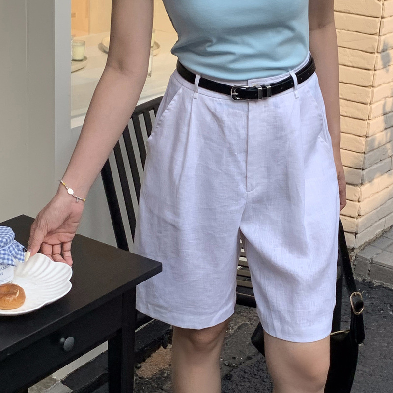 Tortoiseshell Button Shorts Summer Women's High-Waisted Mid-Length Pants Pure Linen Breathable Korean Style Loose Casual Straight Pants Tortoiseshell Button Shorts Summer Women's High-Waisted Mid-Length Pants Pure Linen Breathable Korean Style Loose Casual Straight Pants