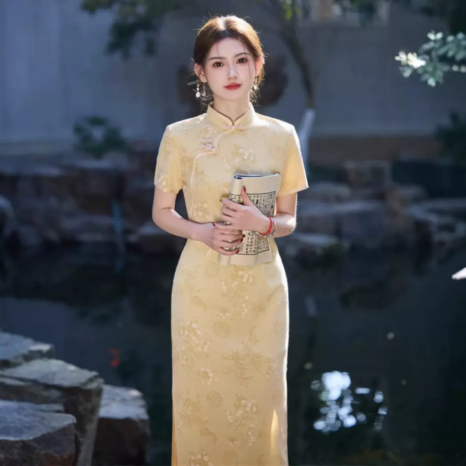 2025夏新款仿竹节麻提花中长款旗袍抖音爆款小个子黄色国风女旗袍