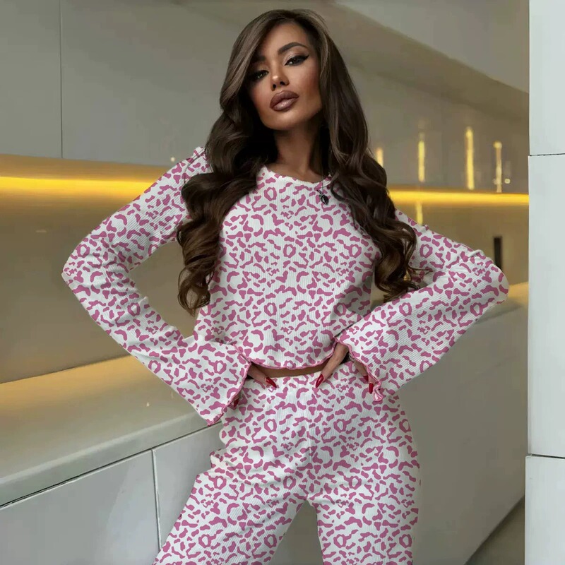 Cross-Border European and American New Autumn Casual Long-Sleeved Pants 2-Piece Pajamas Fashionable Leopard Print Skin-Friendly Home Clothes