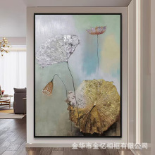 纯手绘新中式禅意装饰画荷叶实物立体油画玄关样品房高端金银箔挂