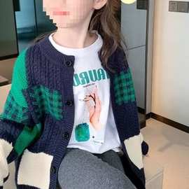 女童秋冬季新款撞色开衫毛衣韩版儿童洋气女孩针织衫格子上衣外套