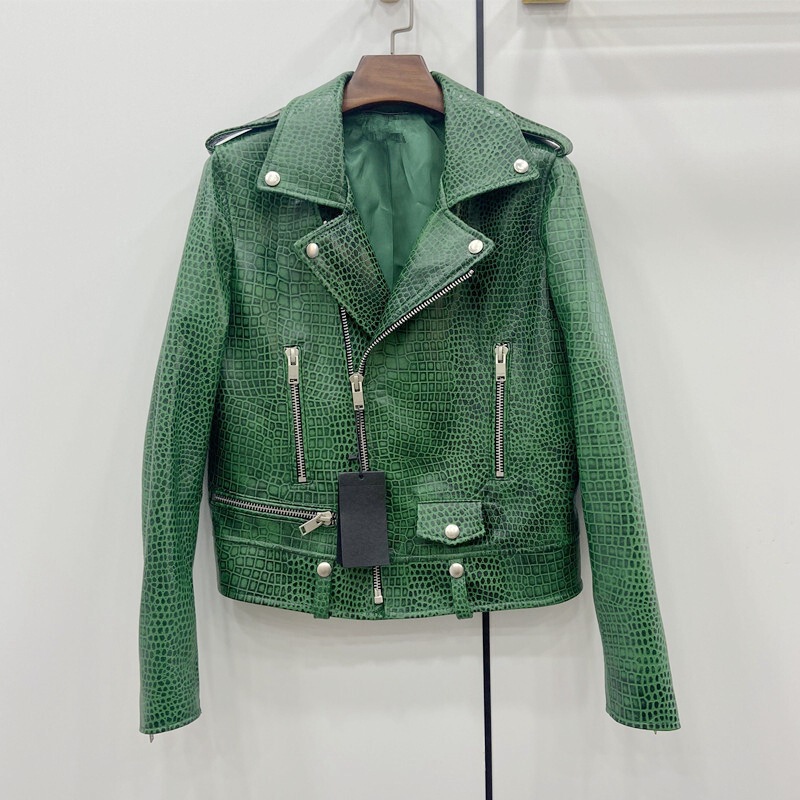 Autumn and Winter New Turkish Lambskin Motorcycle Leather Women's Short Green Genuine Leather Jacket Big Brand Same Style Autumn and Winter New Turkish Lambskin Motorcycle Leather Women's Short Green Genuine Leather Jacket Big Brand Same Style