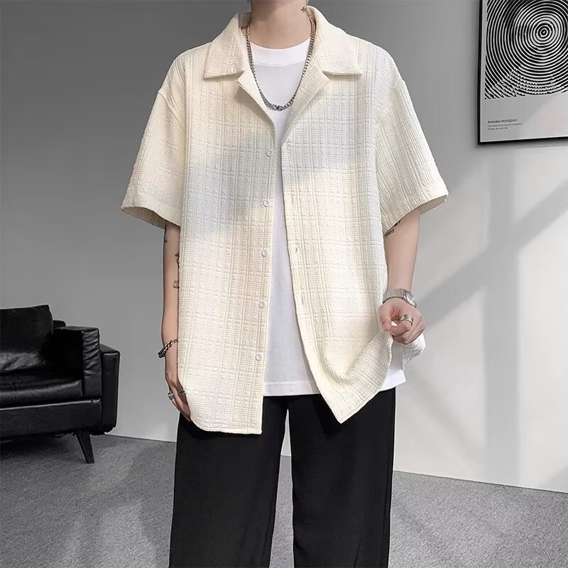 Summer Jacquard Ice Silk Heavyweight Cuban Collar Short Sleeve Shirt Men's Fashionable Versatile Clothing_viptrois.com
