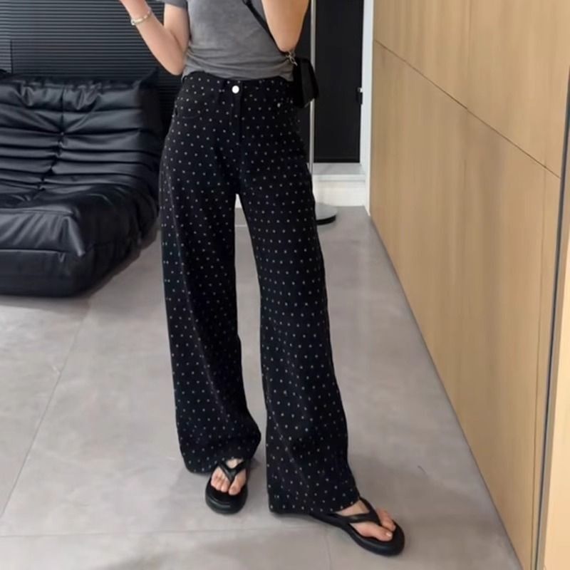 Floral Black Narrow Wide Leg Pants Women's 2024 Spring and Summer New Loose High Waist Slimming Polo Dot Wide Leg Jeans Floral Black Narrow Wide Leg Pants Women's 2024 Spring and Summer New Loose High Waist Slimming Polo Dot Wide Leg Jeans