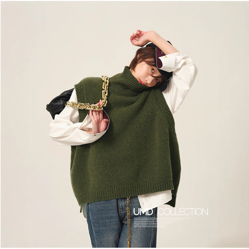 Wool Vest Turtleneck Sweater Women's Autumn and Winter Korean Style Lazy Loose Pure Wool Sweater Wool Vest Knitted Base Shirt