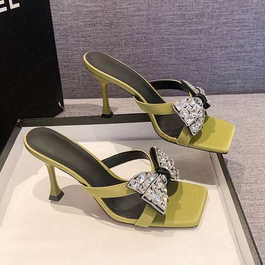 2025 New Square Toe Rhinestone Bow Fairy Sandals Summer Outer Wear Fashionable Slip-Ons Stiletto High Heels