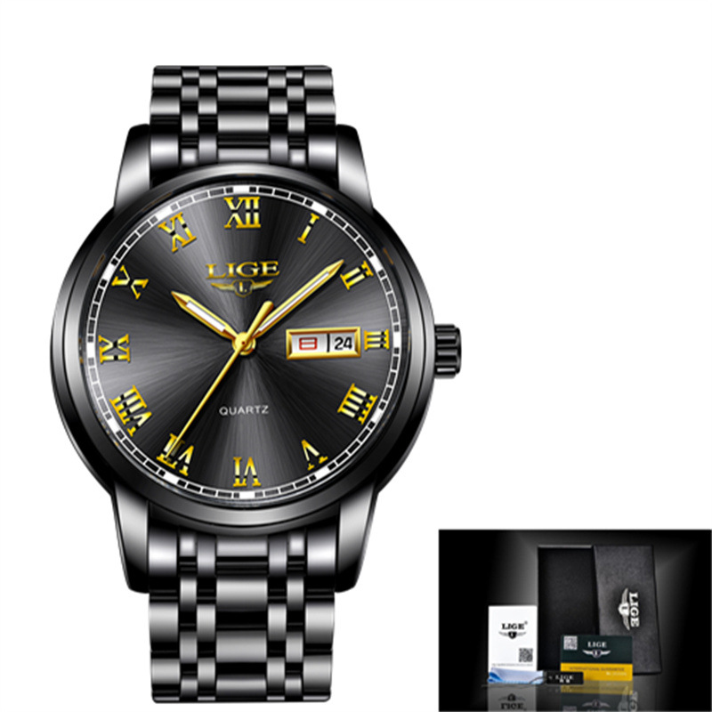 LIGE 9846-Semana banda de acero disco reloj de negocios elegante personalidad calendario hombres reloj casual transfronterizo