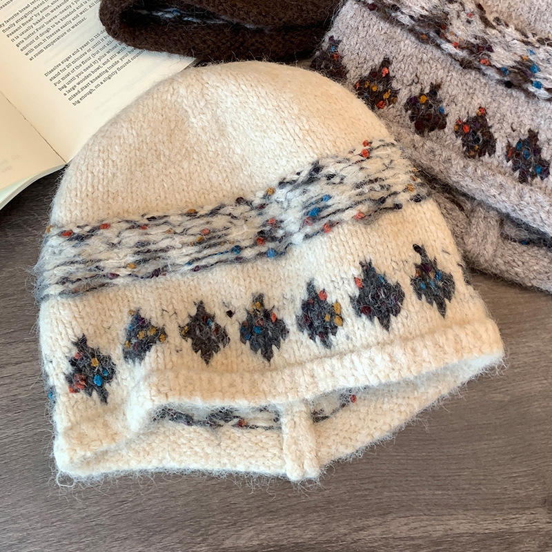 フェア島風毛糸帽子女子秋冬レトロ百合大頭囲保温ニット帽子顔小耳保護帽子