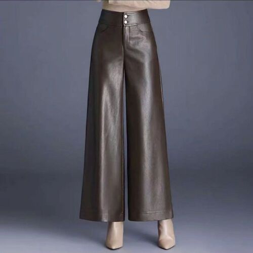 Autumn/Winter New Fashion High-Waisted PU Leather Wide Leg Pants for Women, Flowy Loose Stylish Versatile Casual Long Pants