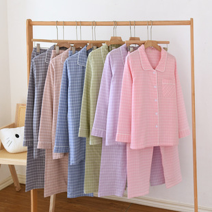 Spring and Autumn Four Seasons Thin Cotton Washed Cotton Men's and Women's Pajamas Set Long Sleeve Pants Couple Home Clothes Factory Direct Supply