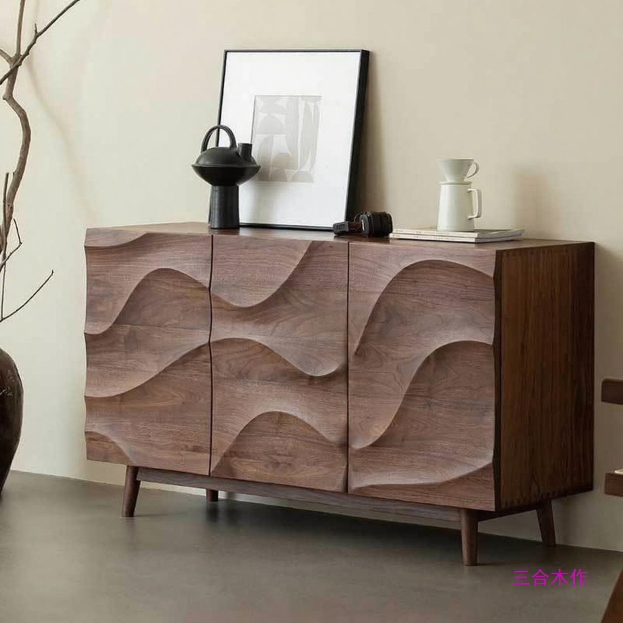 Scandinavian Solid Wood Sideboard Modern Minimalist Living Room Entrance Cabinet Shoe Cabinet Integrated Cherry Wood Wave Dining Room Furniture