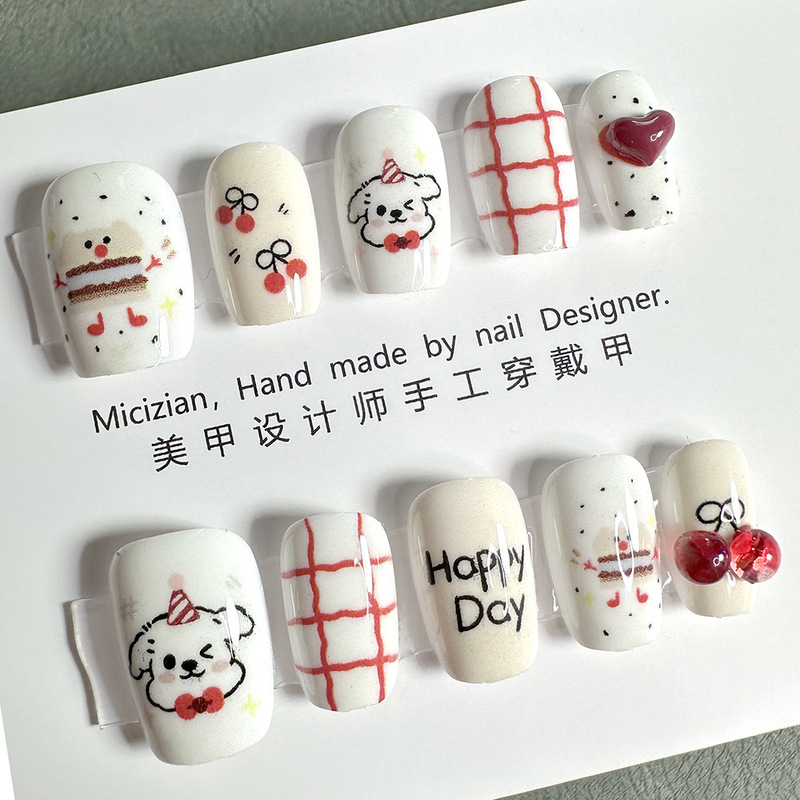 [Happy Cake] Cartoon Wearable Nail Patch Handmade Manicure Fake Nails 3074 # Ultra-Thin