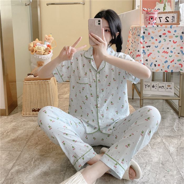 Pijamas transfronterizos al por mayor para mujer nube algodón otoño verano rebeca solapa pantalones de manga corta traje de servicio a domicilio simple y cómodo