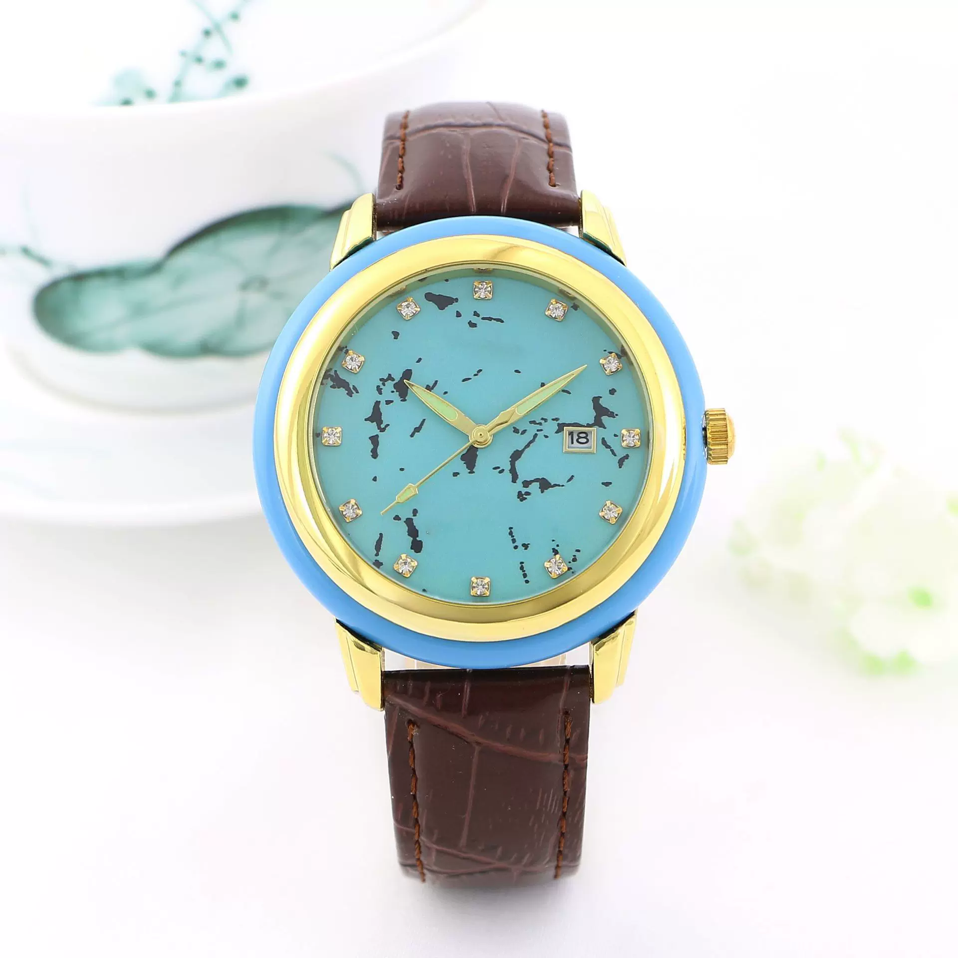 玉石手表厂家男女非机械表防水金表仿绿松石情侣手表抖音直播热销