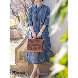 时尚宽松大码女装长款印花新中式立领优雅五分袖改良旗袍连衣裙潮