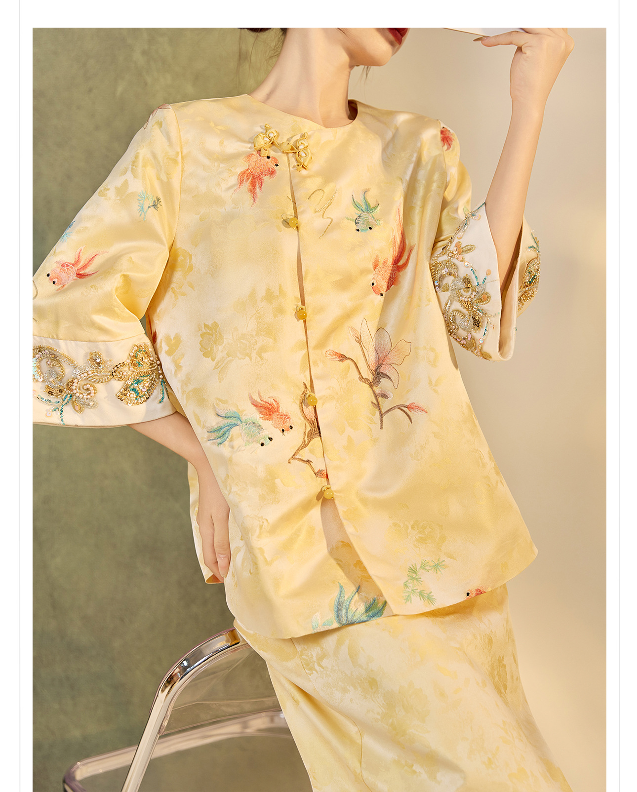 Bộ áo váy satin thêu jacquard cổ tròn phong cách Trung Hoa N6026 — áo, váy chi tiết 8