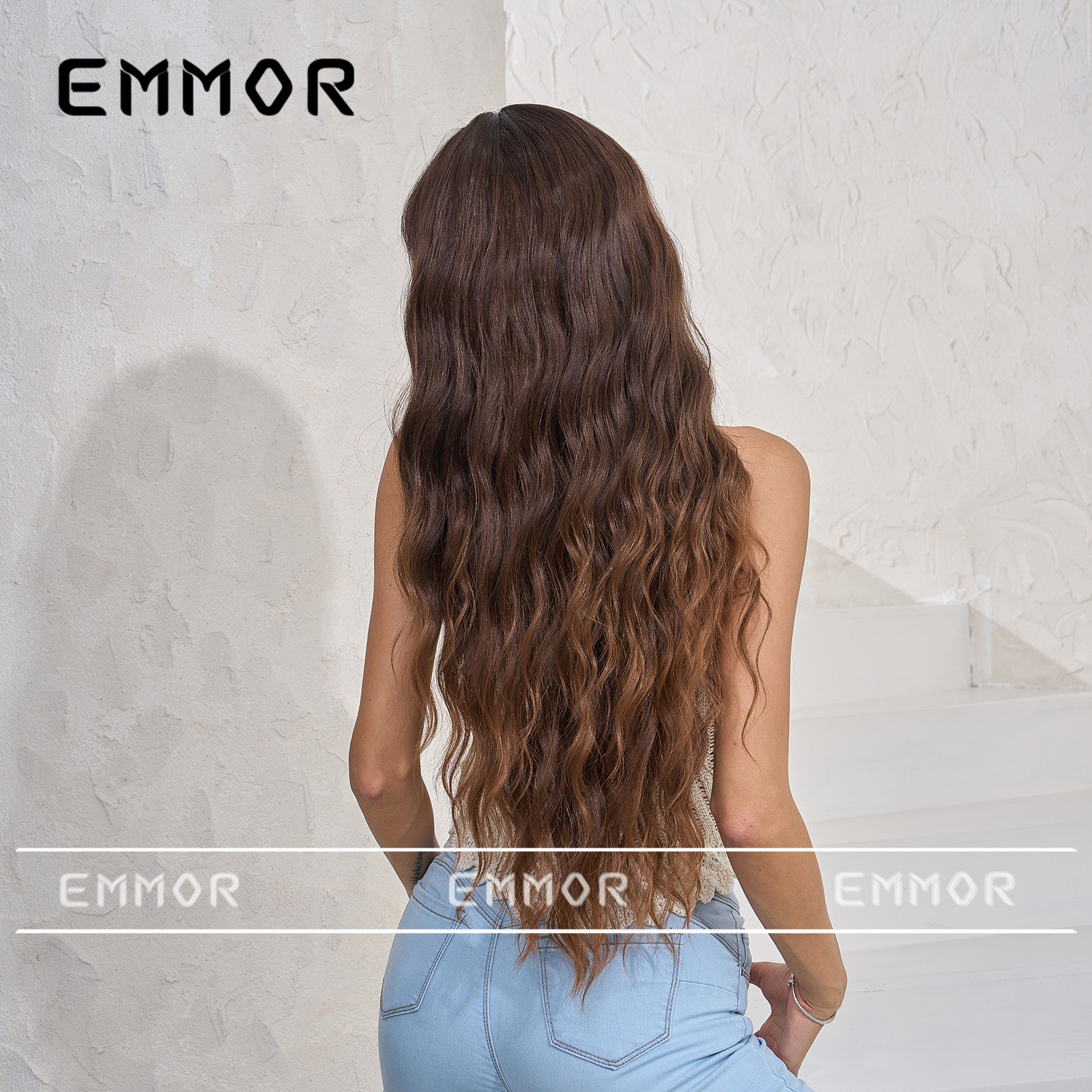 Estilo europeo y americano gradiente marrón recto flequillo lana rizado largo pelo rizado moda elegante seda de alta temperatura fibra química peluca cabeza cubierta