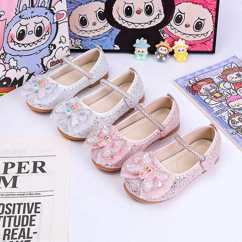 Girls Princess Shoes Spring and Autumn New Children's Soft Sole Small Leather Shoes Girls Performance Sequin Labubu Crystal Shoes Cute