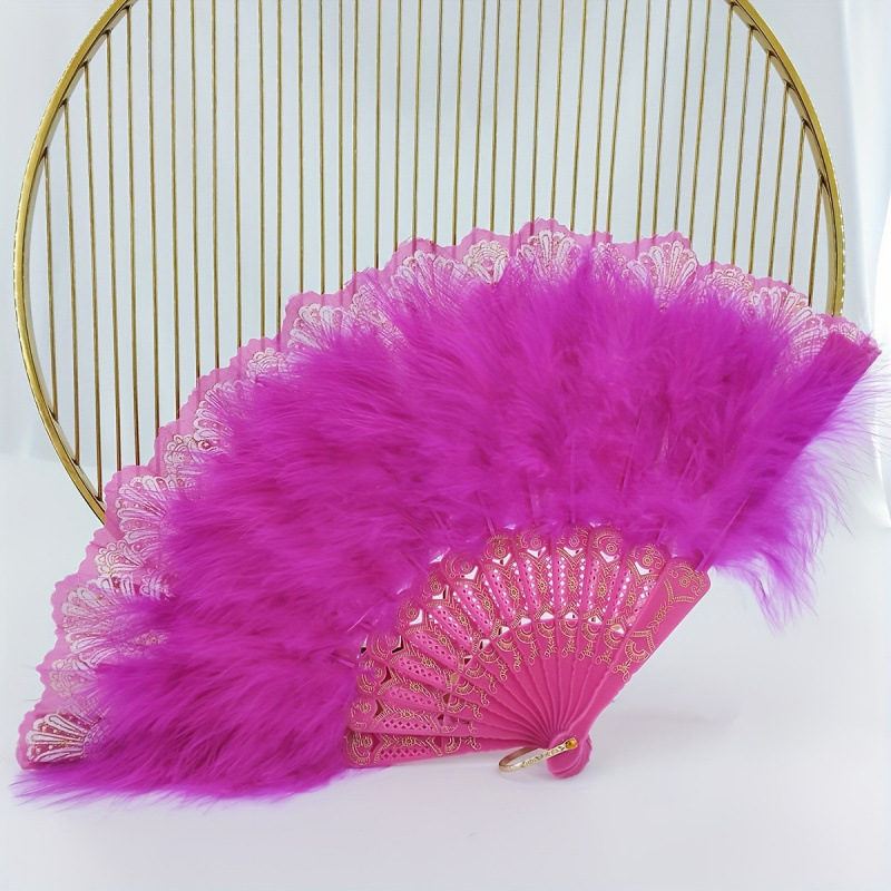 2026跨境新款欧美女士粉色毛绒折扇舞蹈表演扇表演