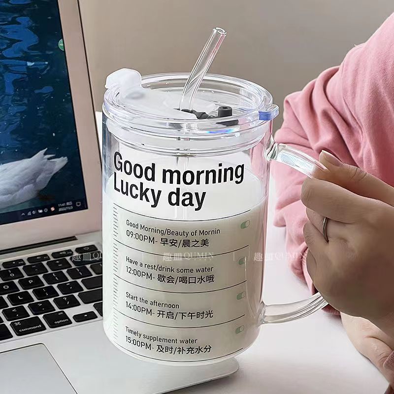 カップ高温耐性オフィスハンドルカップ超大容量ガラス寮 1L ドリンクカップ高ホウケイ酸ストローカップ|undefined