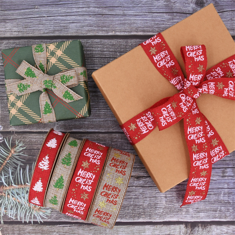 Comercio exterior Navidad imitación tela de lino polvo rociado oro fijación tela de lino rollo decoración de regalo de Navidad DIY mano impresión de cinta