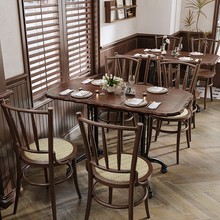 咖啡厅实木桌椅组合餐桌西餐厅椅子甜品蛋糕店长桌子复古全实木
