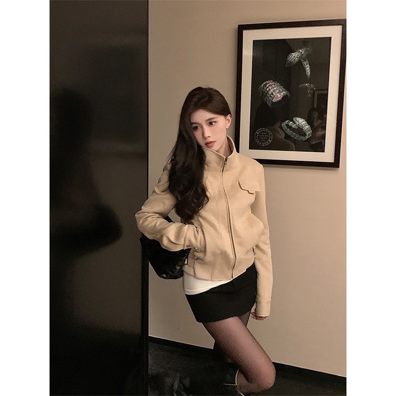 美式复古麂皮绒短款机车外套女2025早秋新款时尚港风上衣夹克潮|undefined