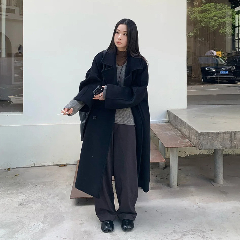 2025 가을 겨울 신상품 블랙 라펠 루즈핏 더블 버튼 혼방 레트로 코트 여성 출퇴근용 자켓