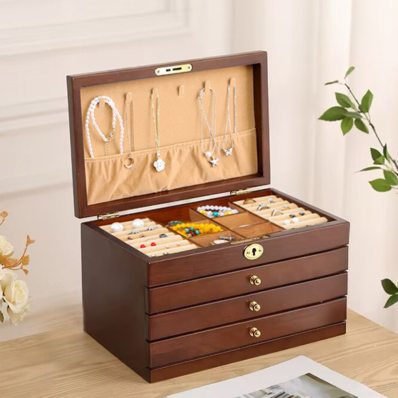 Fábrica transfronteriza caja de joyería de madera pendientes collar caja de almacenamiento caja de joyería de madera maciza vintage caja de anillo de joyería