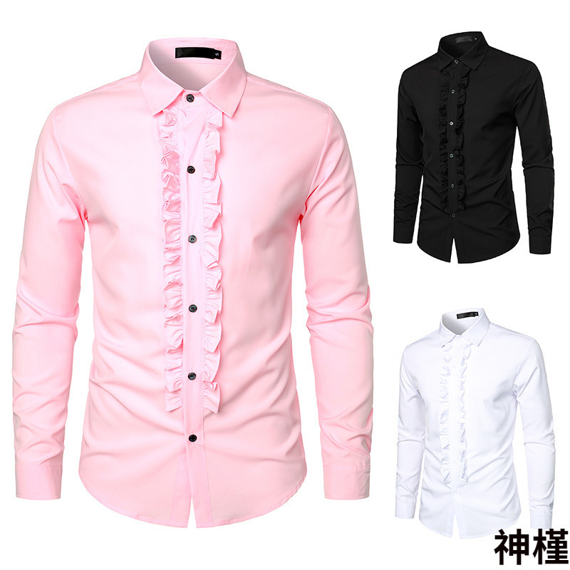 Amazon Men's New Party Wedding Dress Long-Sleeved Shirt Men's European and American Trendy Casual Ruffled Shirt