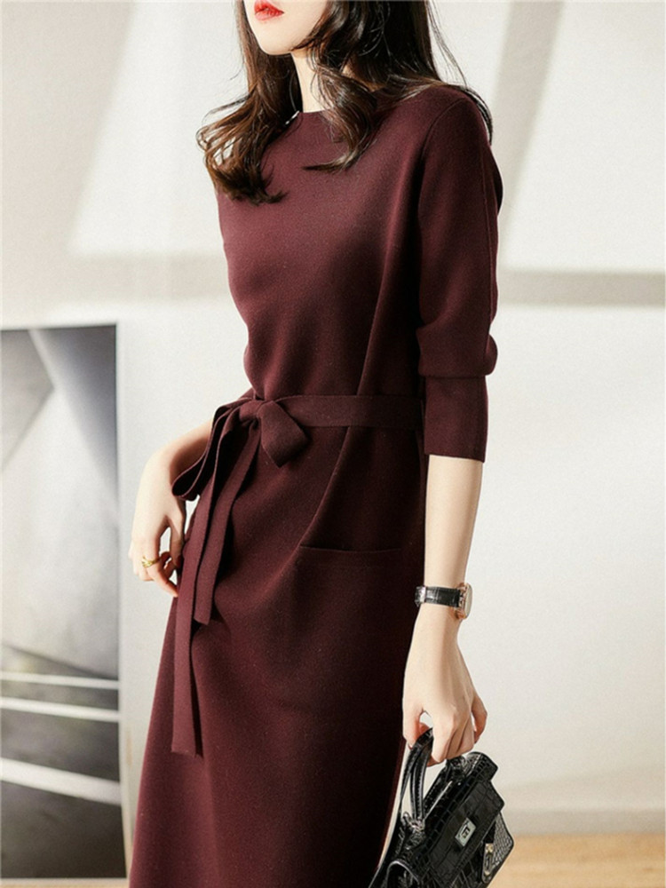 Retro Winter Women's Wine Red Knee Length Woolen Dress Coat Long Knitted  Dress | eBay