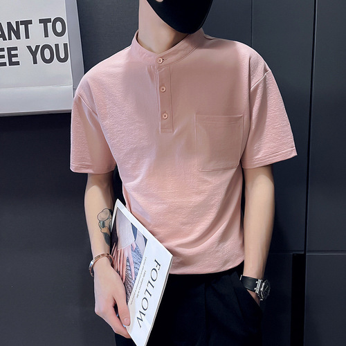 Summer Men's T-Shirt Short Sleeve Stand Collar POLO Shirt Work Casual Fashion Trend Brand Solid Color Ins Japanese Trend T-Shirt