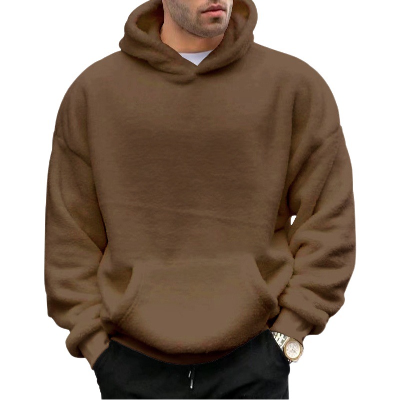 En stock suéter pesado de gran tamaño para hombres otoño e invierno europeo y americano con capucha de terciopelo de doble cara suéter suelto suéter de color sólido