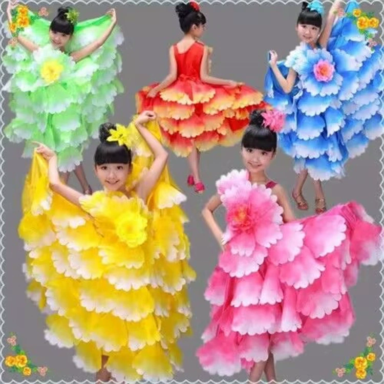 1 июня Новинка Детское открытие Танцевальный лепесток Большое платье Одежда для выступлений Испания Процветание Цветочная танцевальная одежда для выступлений Женская