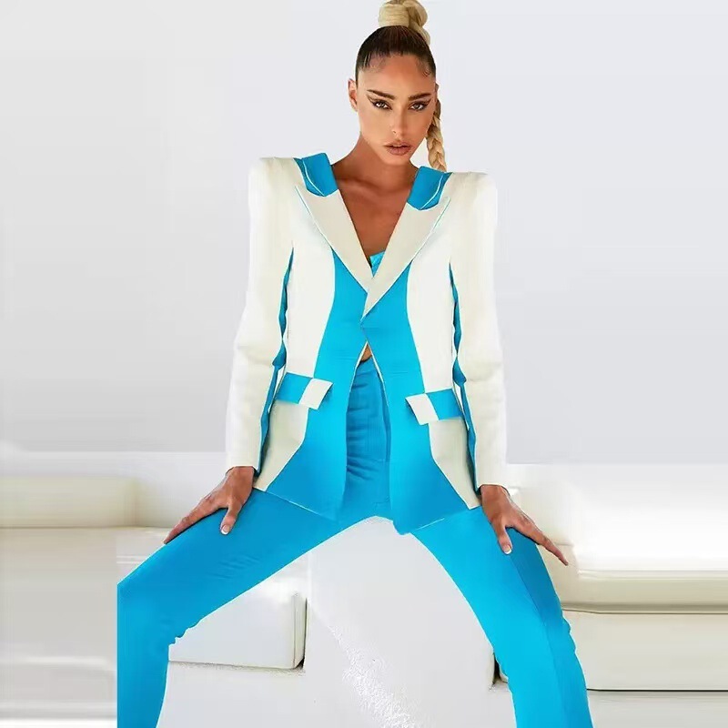 2025 Cross-Border Hot New Product European and American Celebrity Fashion Color-Blocking Two-Button Blazer Straight-Leg Pants Suit Two-Piece Set