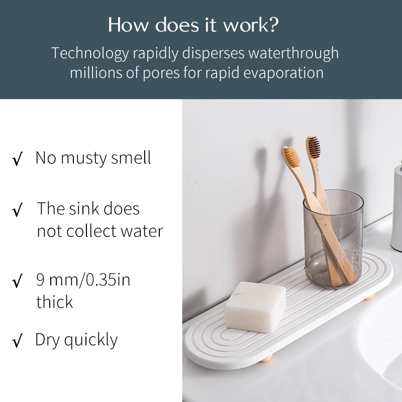 Almohadilla de secado instantáneo de tierra de diatomeas transfronteriza, estante de almacenamiento de fregadero, posavasos de drenaje, pies de bambú, bandeja pequeña de secado rápido para baño