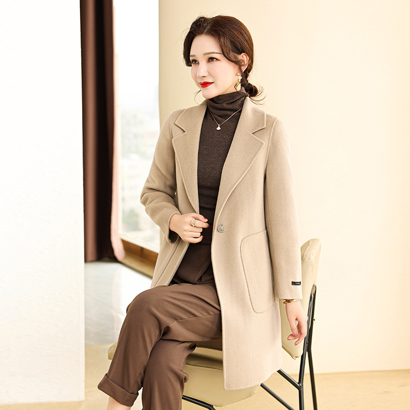 (2개) 원버튼 솔리드 컬러 양모 양면 트위드 코트 여성 하이 엔드 2024 겨울 새 세트 옷깃 트위드 코트