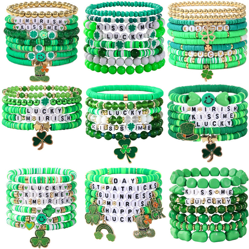 St Patrick's Day bracelet Irish Festival green Lucky Clover pendant soft pottery bracelet suit cross-border