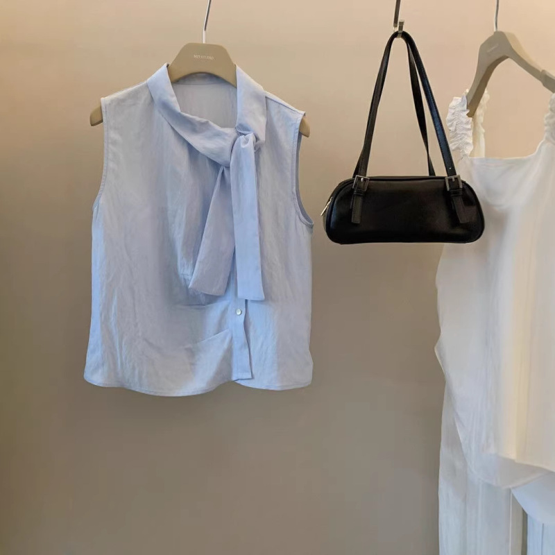 Korean-Style Design with Tie Straps and Irregular Collar, French-Style Elegant Blouse for Women, Versatile and Slimming Tank Top Korean-Style Design with Tie Straps and Irregular Collar, French-Style Elegant Blouse for Women, Versatile and Slimming Tank Top