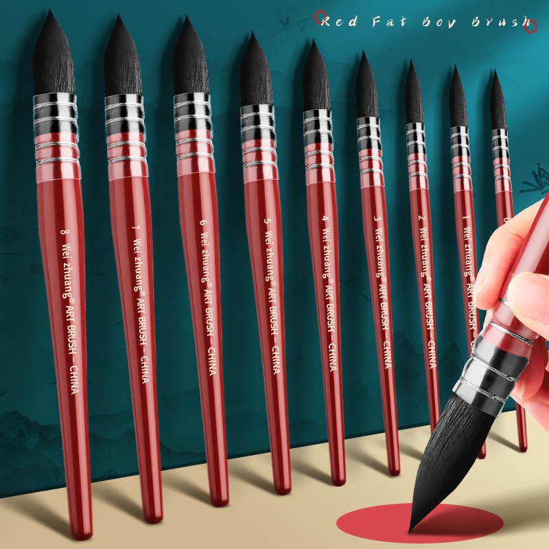 Red Fat Man Watercolor pincel de acuarela de ardilla cabello conjunto de pincel de gancho de cabeza redonda color pincel de arte