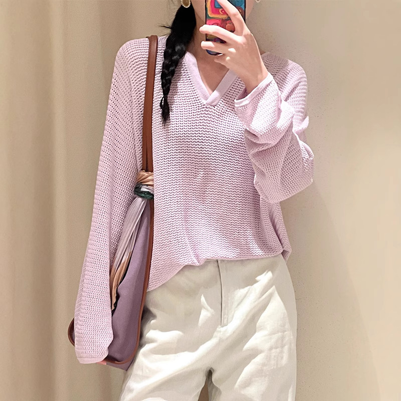 2025 New Autum Linen Blended Small V-Neck Knitted Pullover Long-Sleeved Women's Simple High-End Work Clothing Top
