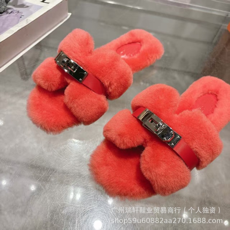 欧站外贸2025新款高端高颜值金属扣毛毛拖鞋女皮毛一体外穿一字拖|undefined
