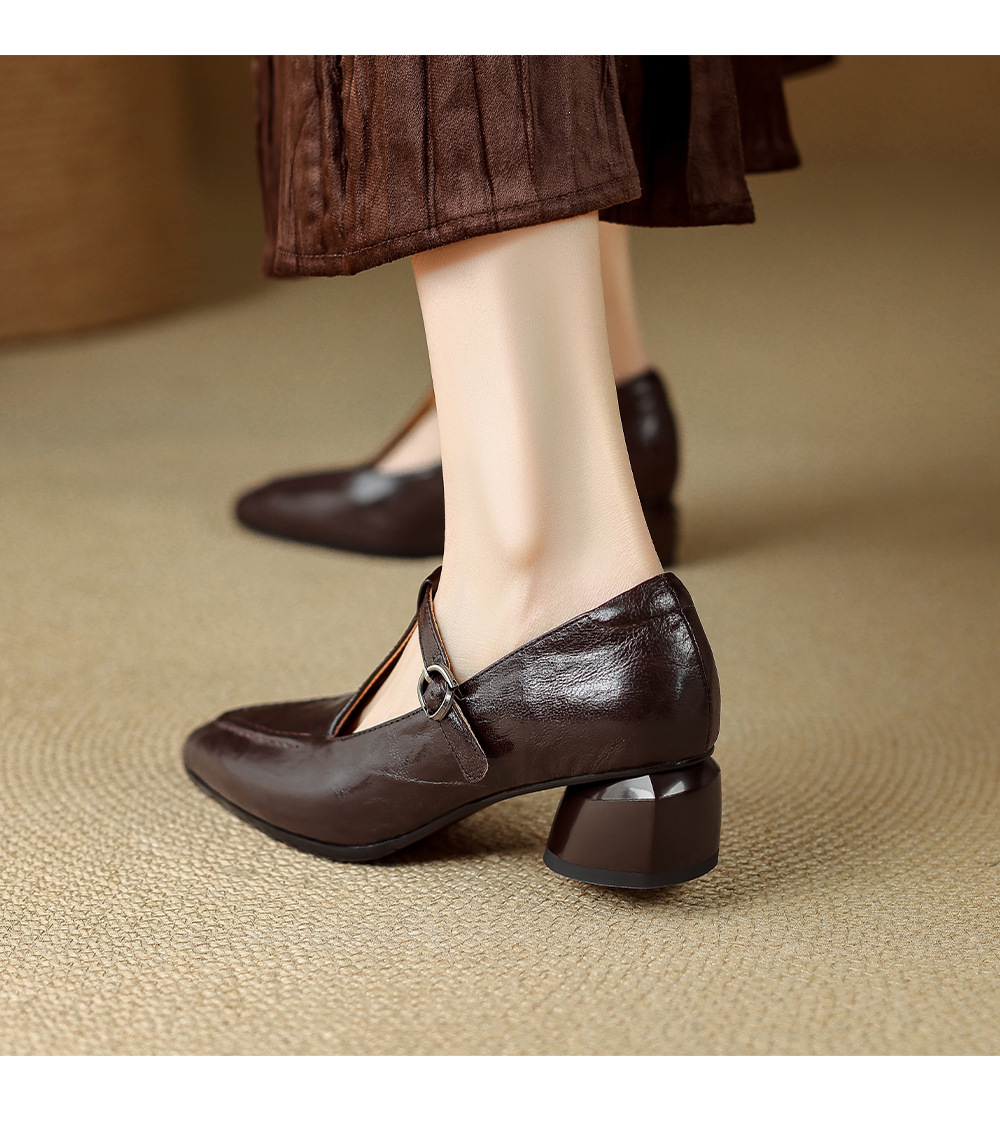 Giày Mary Jane nữ mũi nhọn quai T-khóa da cừu gót 4 cm — màu nâu chi tiết 11