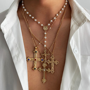European and American Cross-border Pendant Necklace Men's Trendy Hip-hop Niche Stitching Pearl Clavicle Chain Cross-border Men's Jewelry