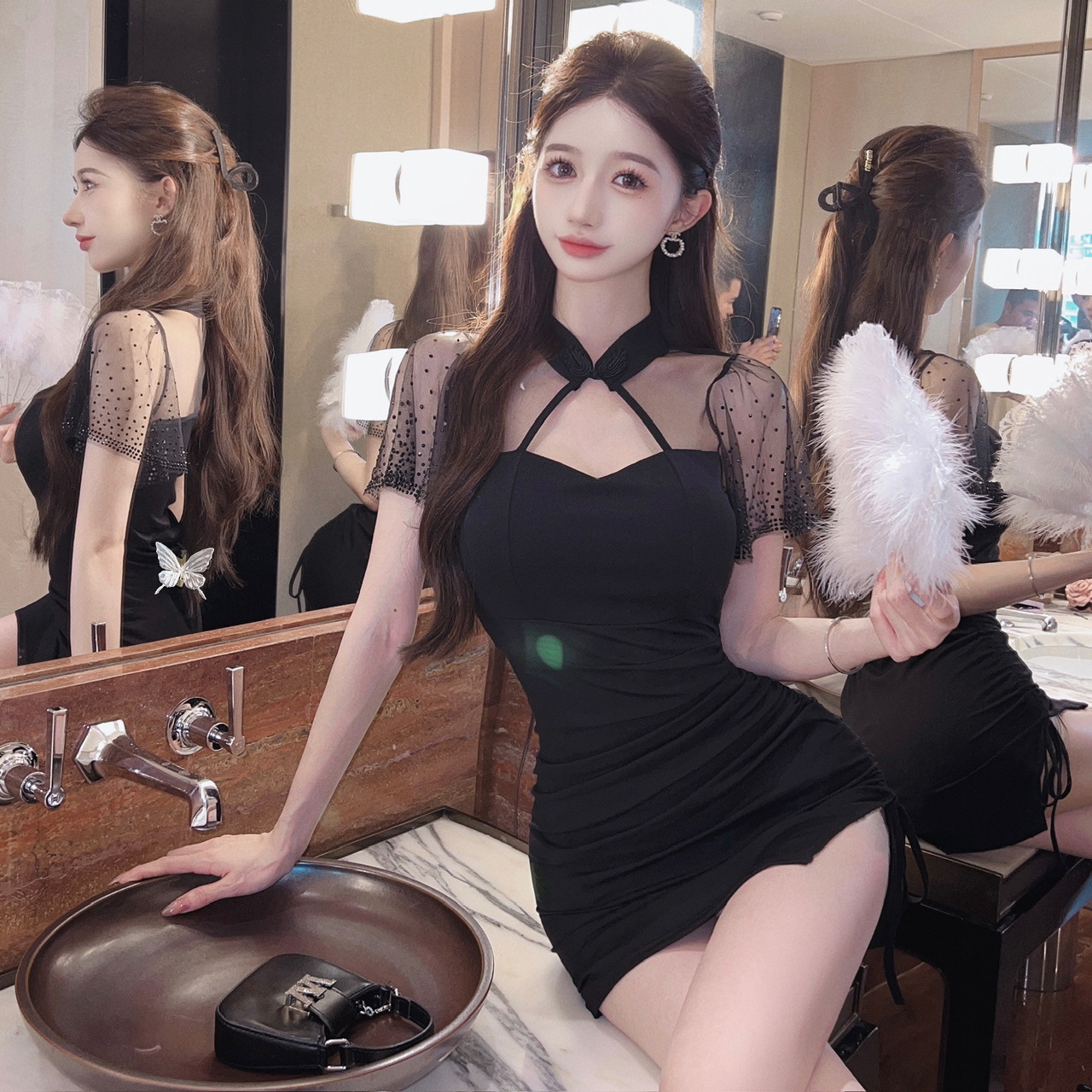 High-end Cheongsam Dress for Women Summer Short-sleeved Mesh Sexy Slit Hip Skirt Nightclub Club Soft Work Clothes